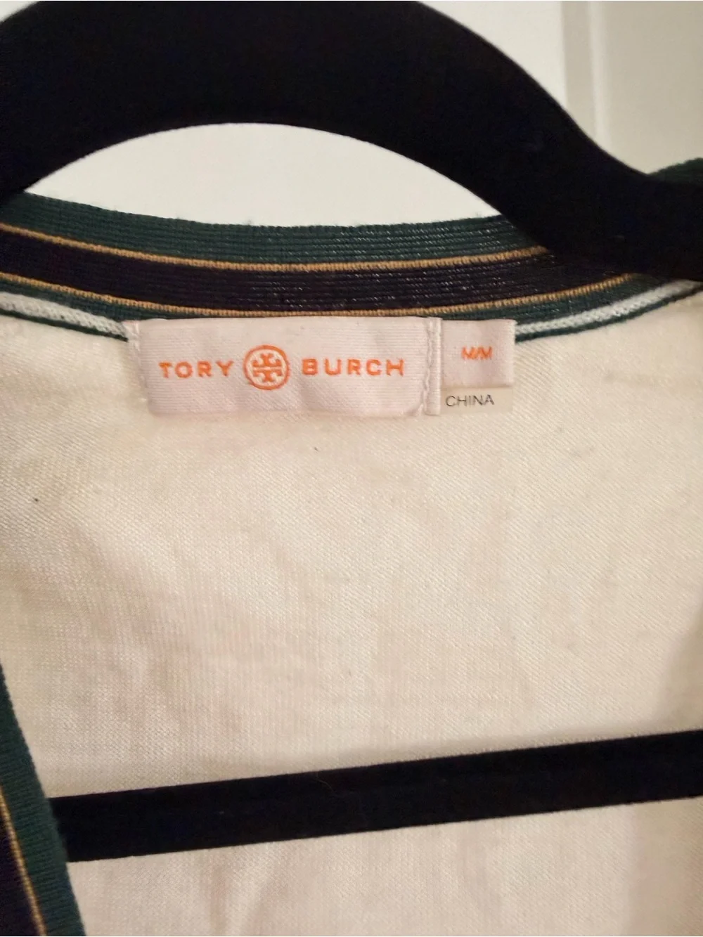 Tory Burch Cream V-Neck Cardigan Sweater with Green Trim